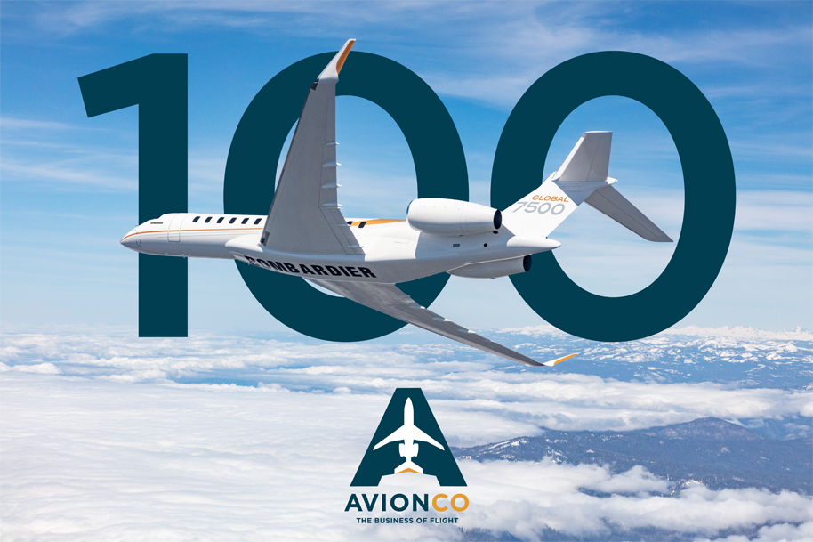 Bombardier Global 7500 jet with the number 100 behind it and the Avionco logo.