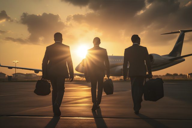Three businessmen walking to a jet