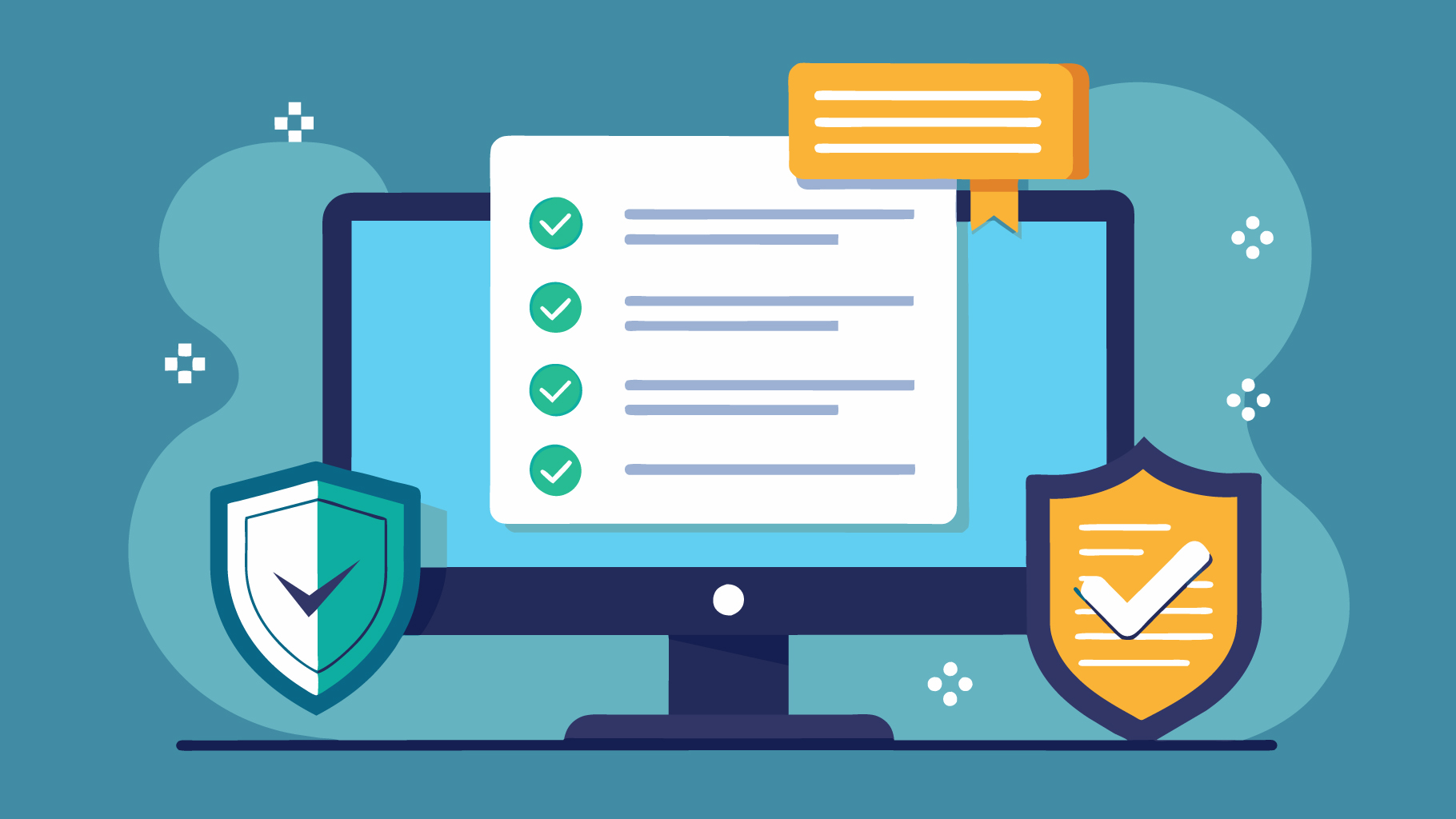 Illustration of a computer, checklist, badge, and checkmark to represent security clearance.