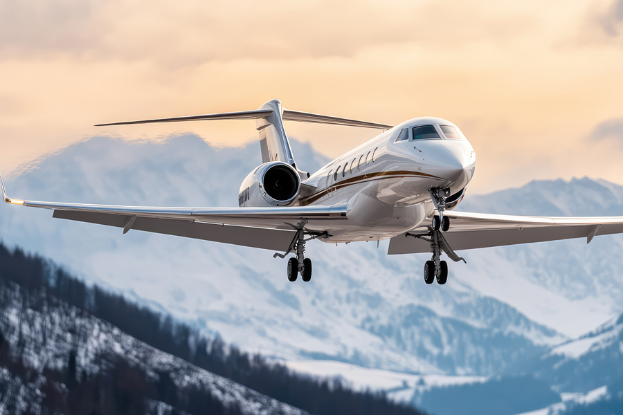 Jet landing with snow mauntains in background
