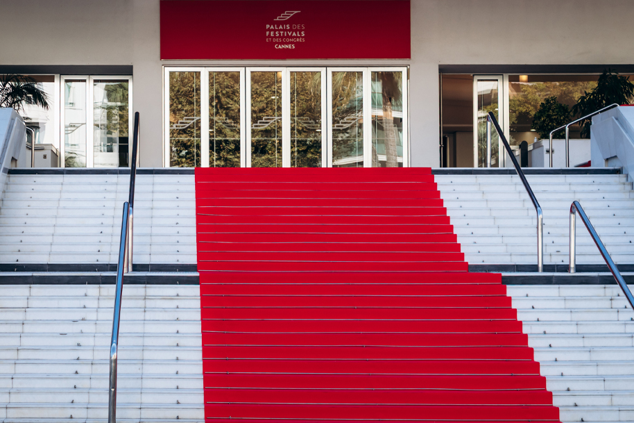 Red carpet stairs at the entrance of the Palais des Festivals et des Congres in Cannes